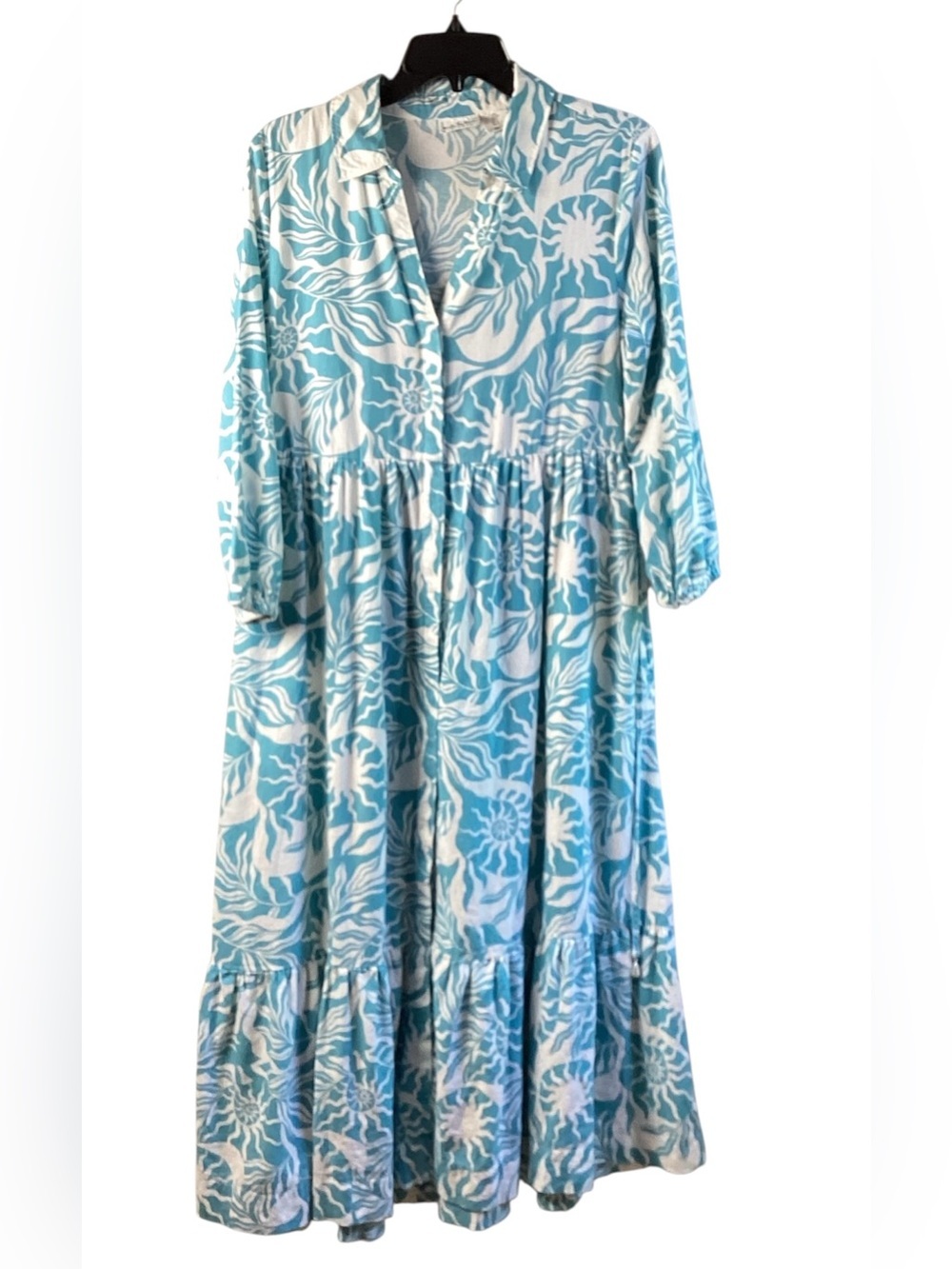 Nicole Miller Blue and White Floral Print Tiered MIDI Dress linen blend